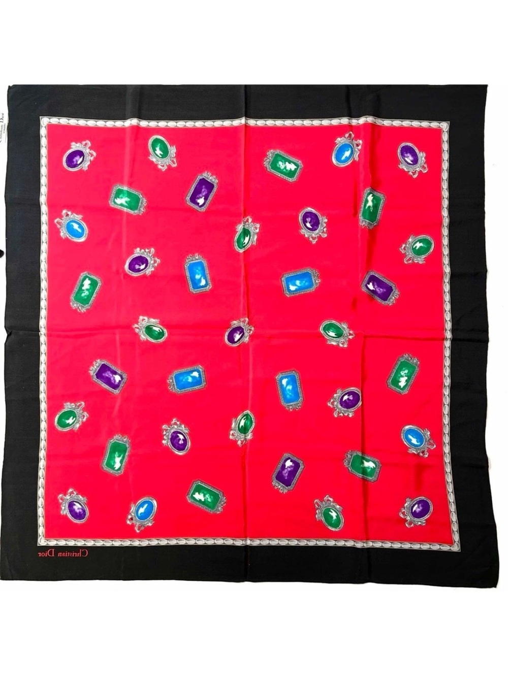 Christian Dior Red & Black Jeweled Print Silk Scarf - Picture 7 of 10